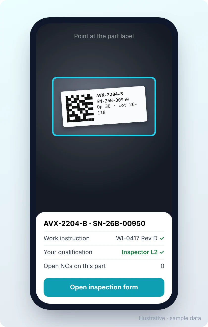 Scanning a Data Matrix part label on a phone in Fixyro, showing the current work instruction and the operator's qualification (illustrative sample data)